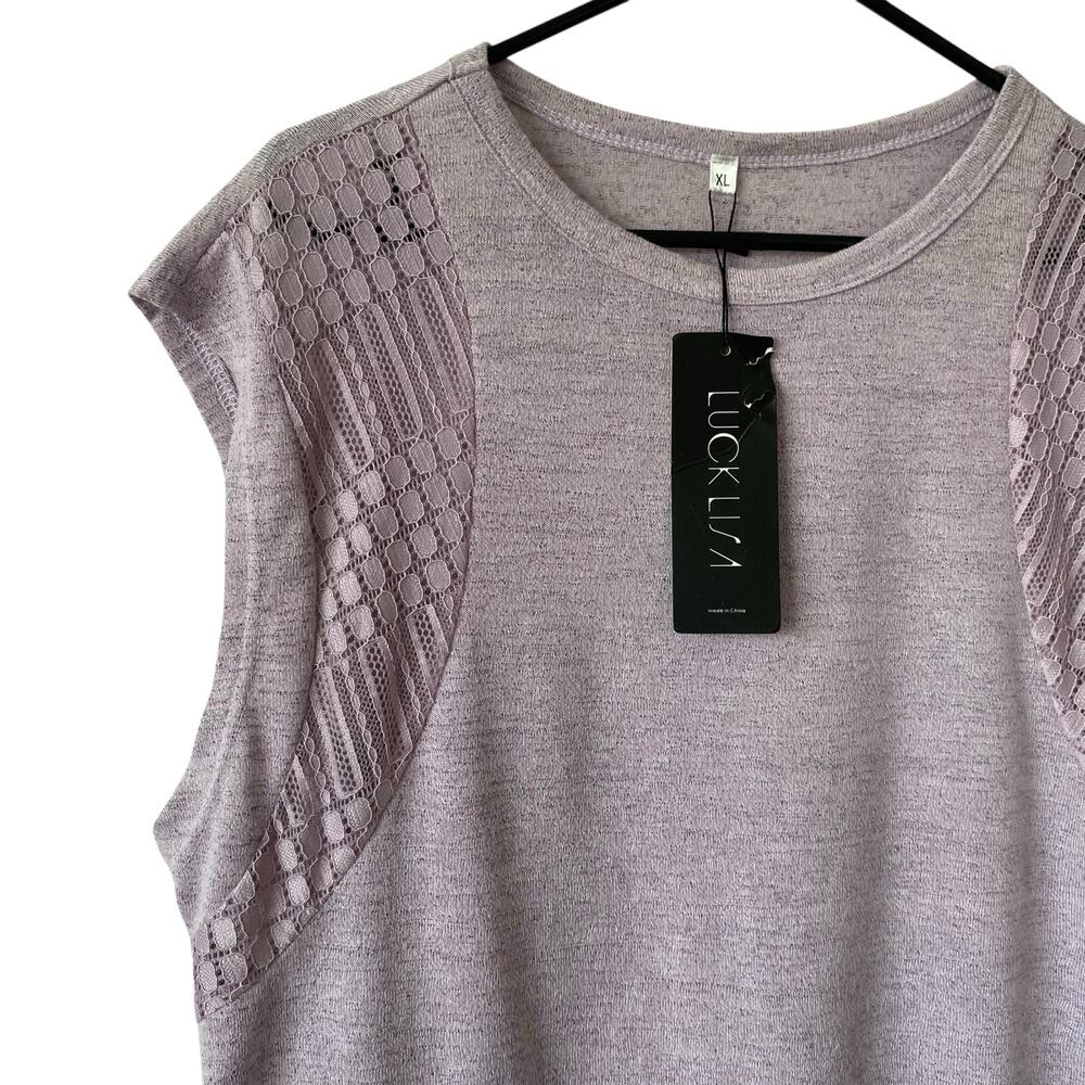 NEW LUCK LISA Sleeveless Knit Top Size XL Heather Purple Lace Detail Relaxed Fit - Picture 2 of 4